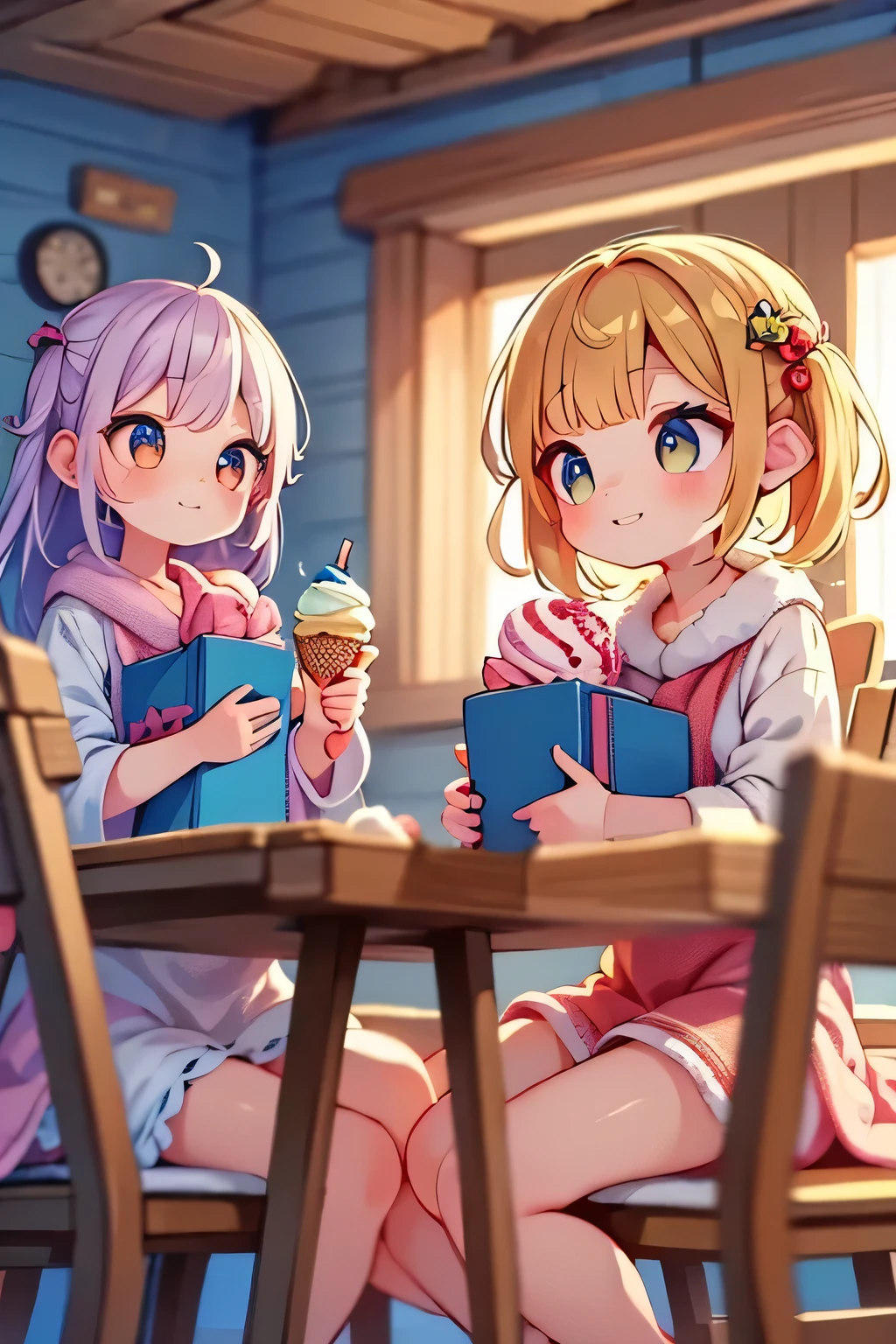 Four cute rag dolls, adorable cloth dolls, sitting on vintage wooden chairs around a table with four magnificent and delicious very colorful ice cream cups, soft pastel colors, warm lighting, cozy interior, detailed textures, soft focus, photorealistic, 4K, HDR, studio lighting, extreme details