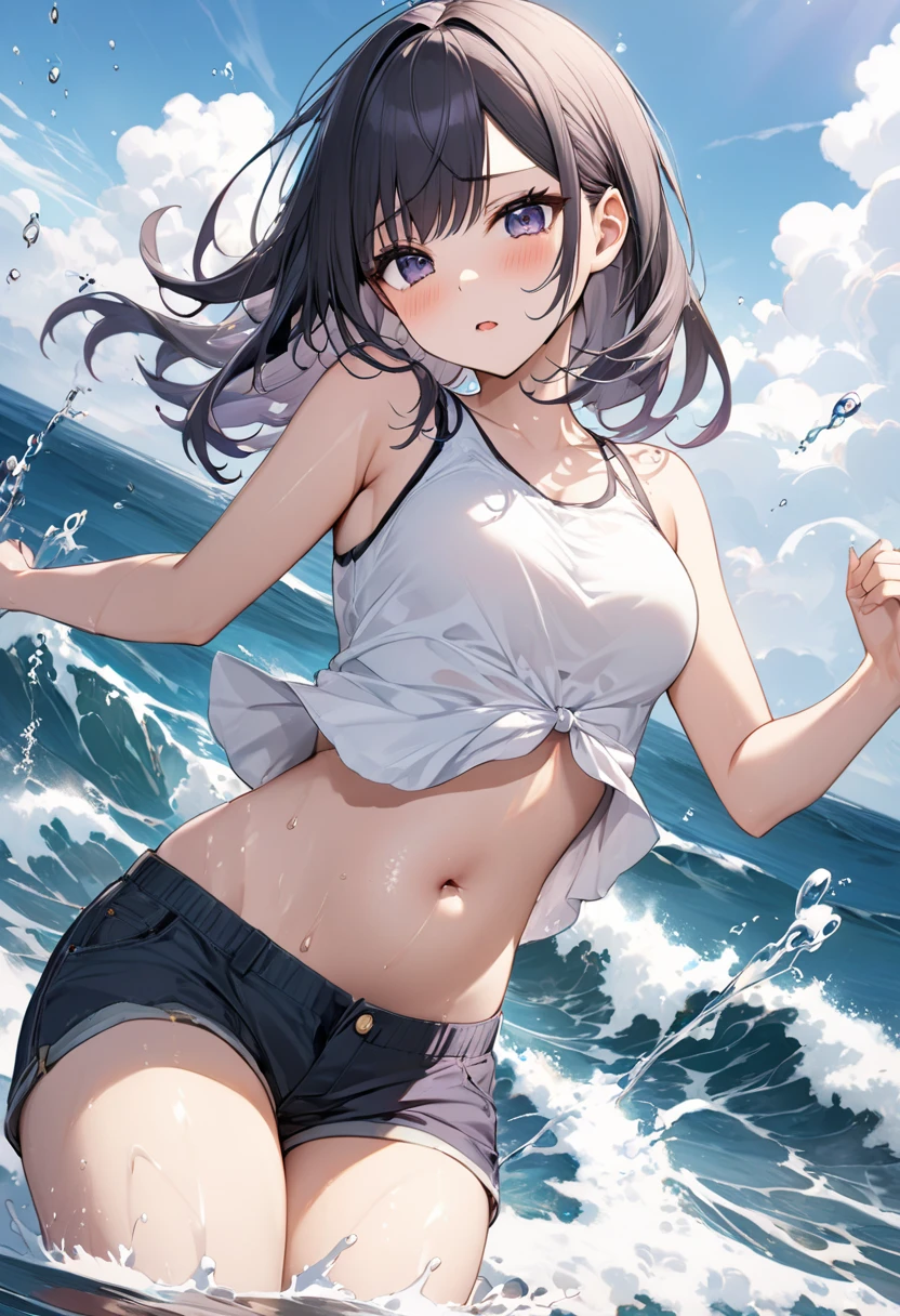 Yukino, yukino yukinoshita, Black Hair, blue eyes, Long Hair, Ahoge,White frilly bikini swimsuit,barefoot,Water Play,smile,blush,Open your mouth,Wet Hair,Wet Skin,Wet swimsuit,True Summer,Daytime,Clear skies,whole bodyがイラストに入るように,
break outdoors, Beach,
break looking at viewer,whole body, (Cowboy Shot:1.5),
break (masterpiece:1.2), Highest quality, High resolution, unity 8k wallpaper, (figure:0.8), (Beautiful attention to detail:1.6), Highly detailed face, Perfect lighting, Highly detailed CG, (Perfect hands, Perfect Anatomy),