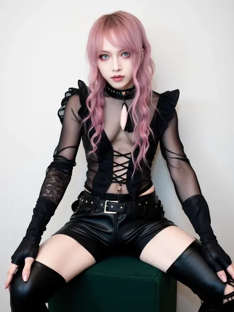 solo,1 girl (masterpiece, best quality: 1.2), Ellen Jo, Zenless Zone Zero, alternative costume, warrior, cat ears, (cat girl: 0.5), long hair, white hair, pink eyes, tail, pantyhose, colorful hair, black footwear, long sleeves, wrist cuffs, stockings, nyantchaellen joe, white hair, blue hair, colored inner hair, multicolored hair, (pink eyes: 1.3), white hair, long hair, ears cats, are fighting