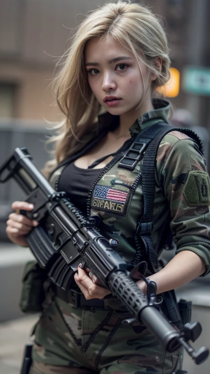 (8k, RAW photo, best quality, masterpiece:1.2), (realistic, photo-realistic:1.37), best quality, ultra high res sunset, back lights, light leaks,
1girl, (holding weapons, aiming at viewer, assault rifles:1.2), carbine, open fire, firing, perfect women body, platinum blonde hair, long hair, (kpop idol:1.2) camouflage, bikini (beautiful detailed eyes),(beautiful detailed face:1.2) outdoors, street, cityscape
<lora:koreanDollLikeness_v15:0.6>
<lora:tifaMeenow_tifaV2:0>
<lora:yelanLoraCollectionOf_yelanHard:0>
<lora:chunmomo_v10:0>
<lora:arknightsTexasThe_v10:0> <lora:raidenShogunLora_raidenShogun:0> <lora:bluearchive_Ajitanihifumi:0.3>
<lora:genshinImpactNoelle_nV1:0>
<lora:hKHK416Lora_v20:0.6>