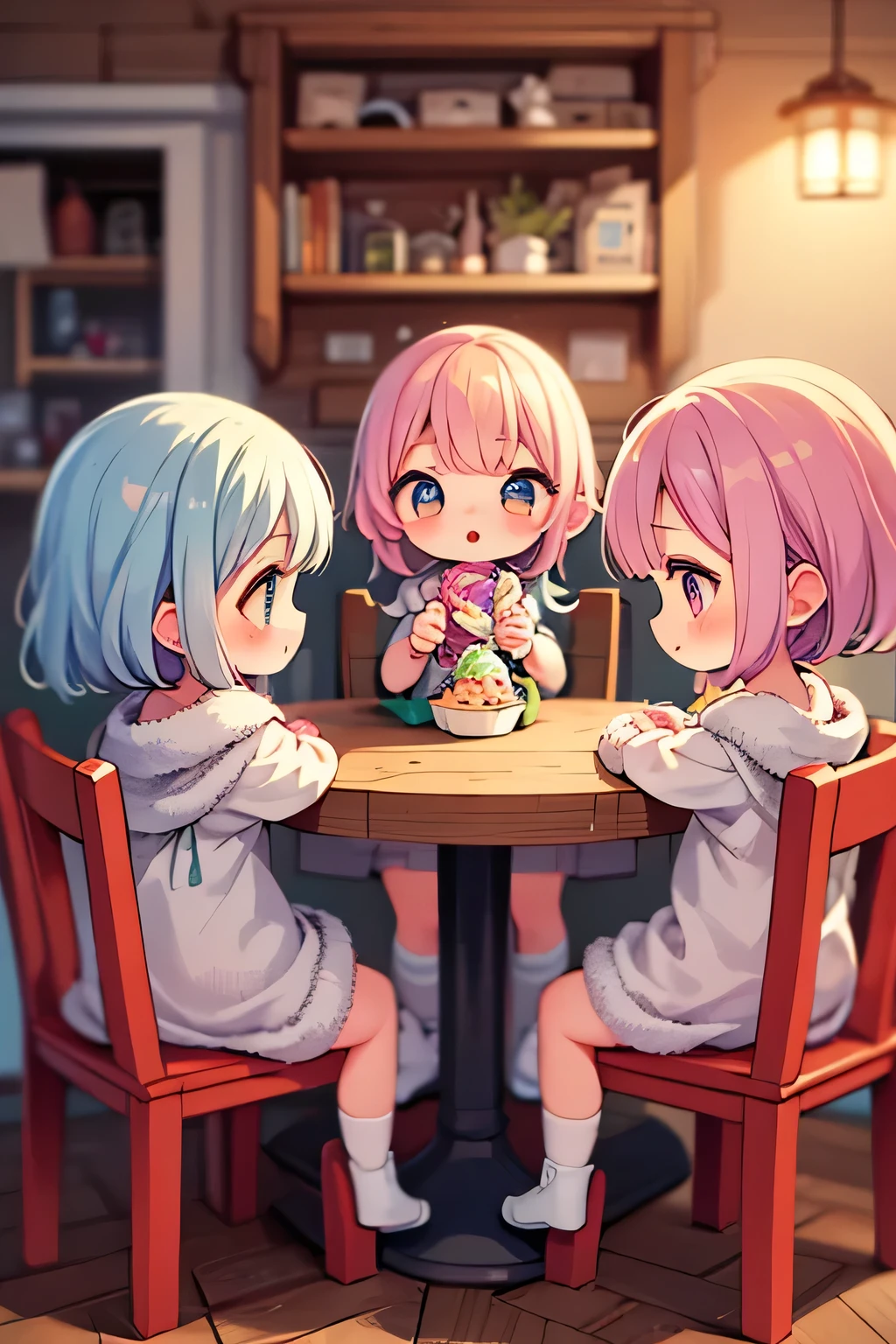 Four cute rag dolls, adorable cloth dolls, sitting on vintage wooden chairs around a table with four magnificent and delicious very colorful ice cream cups, soft pastel colors, warm lighting, cozy interior, detailed textures, soft focus, photorealistic, 4K, HDR, studio lighting, extreme details