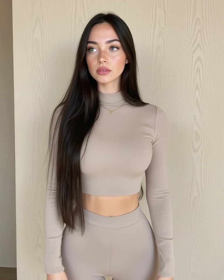 (((Best quality)), ((Masterpiece)), (Detailed), Perfect face, hyper-realistic, Tall, dark, long hair, wavy hair, green eyes, deep staring eyes, attractive smile, nerd, ((Best quality)), ((Masterpiece)), (Detailed), Perfect face, hyper-realistic, long hair, wavy hair, deep eyes, sensually open mouth, nerdy, elegant, bracelet, who rides a bike, she wears a black skirt and a bodysuit