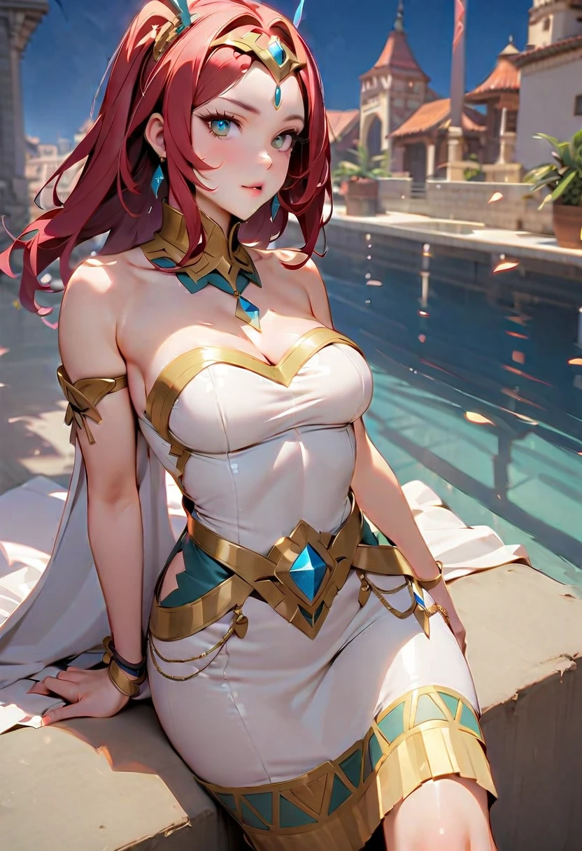 Best quality, 30 year old woman, massive breasts, short red hair, blue eyes, skimpy, sunset, upper body, sexy, flower crown, golden glow, skimpy purple empress dress, opulent, luxurious, god rays,