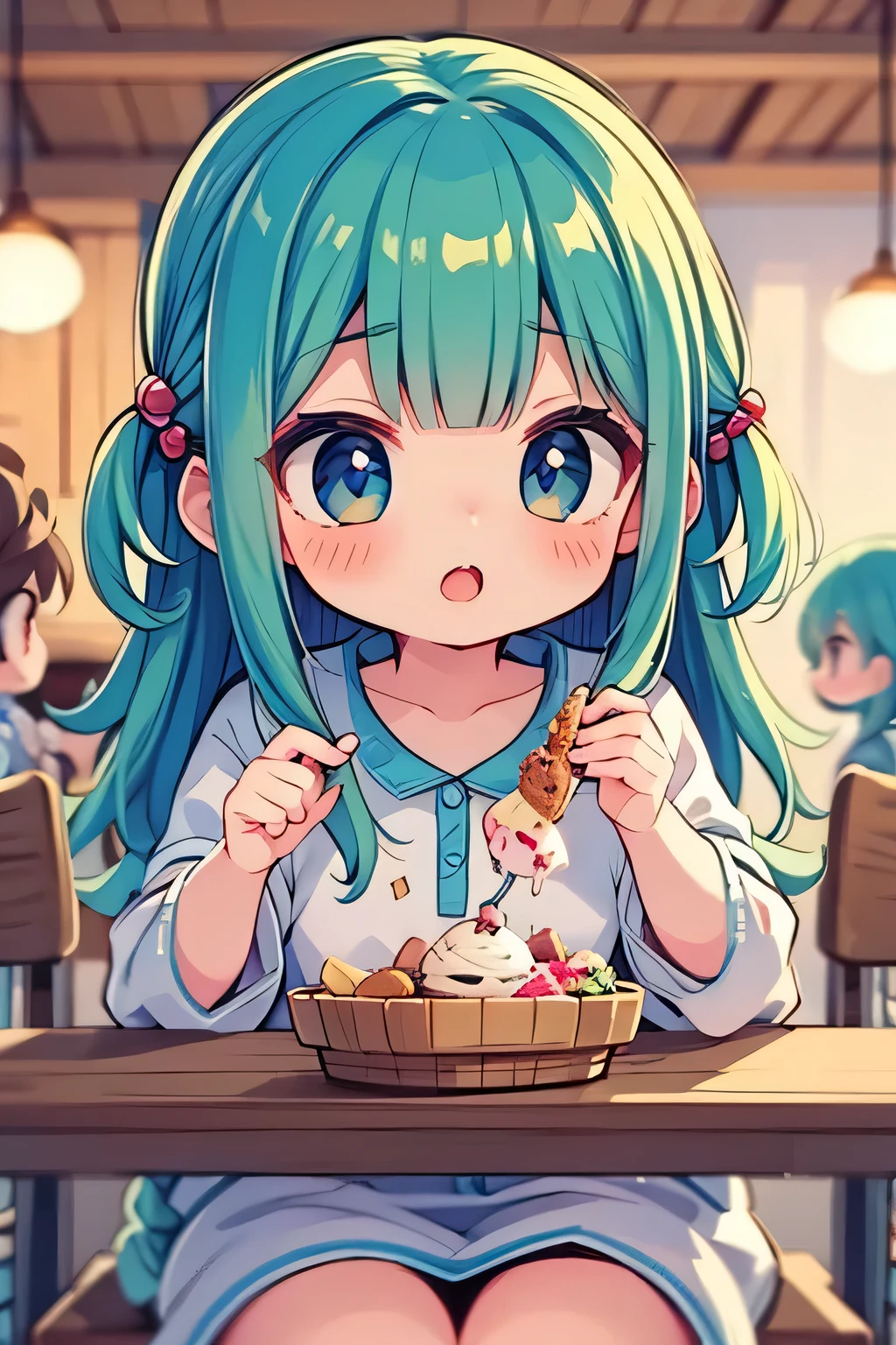 Four cute rag dolls, adorable cloth dolls, sitting on vintage wooden chairs around a table with four magnificent and delicious very colorful ice cream cups, soft pastel colors, warm lighting, cozy interior, detailed textures, soft focus, photorealistic, 4K, HDR, studio lighting, extreme details