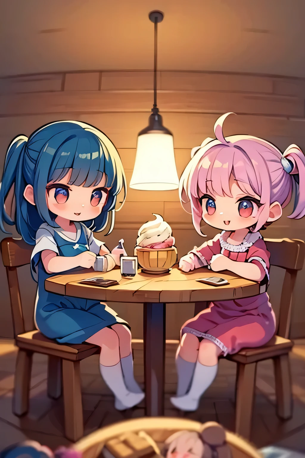 Four cute rag dolls, adorable cloth dolls, sitting on vintage wooden chairs around a table with four magnificent and delicious very colorful ice cream cups, soft pastel colors, warm lighting, cozy interior, detailed textures, soft focus, photorealistic, 4K, HDR, studio lighting, extreme details
