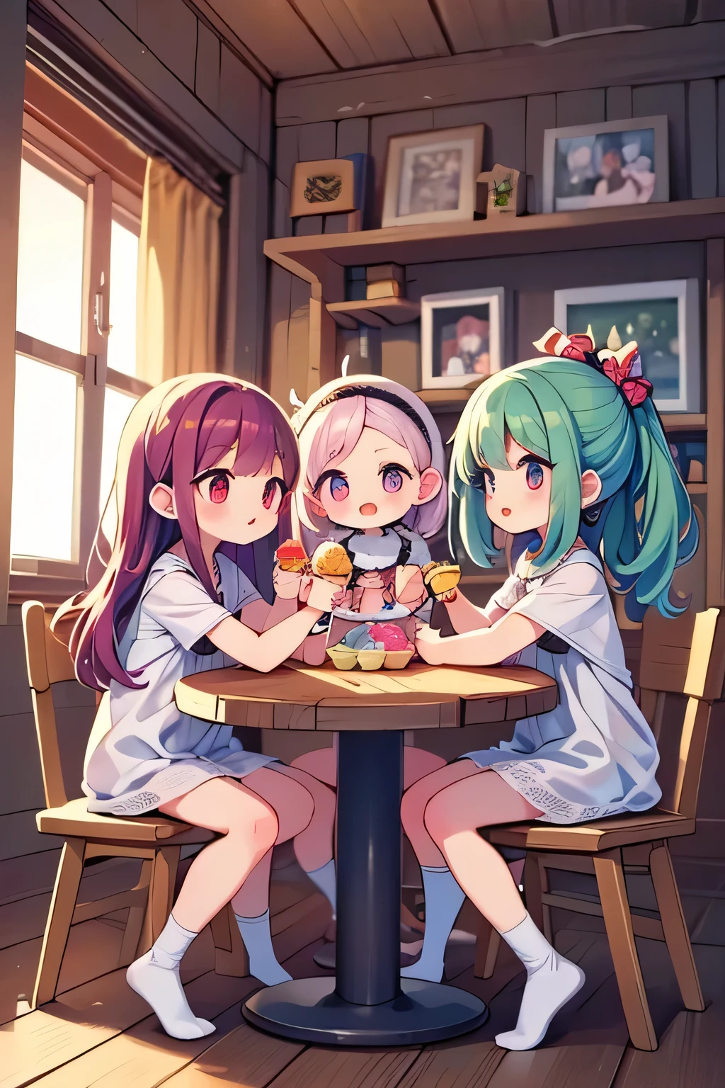 Four cute rag dolls, adorable cloth dolls, sitting on vintage wooden chairs around a table with four magnificent and delicious very colorful ice cream cups, soft pastel colors, warm lighting, cozy interior, detailed textures, soft focus, photorealistic, 4K, HDR, studio lighting, extreme details