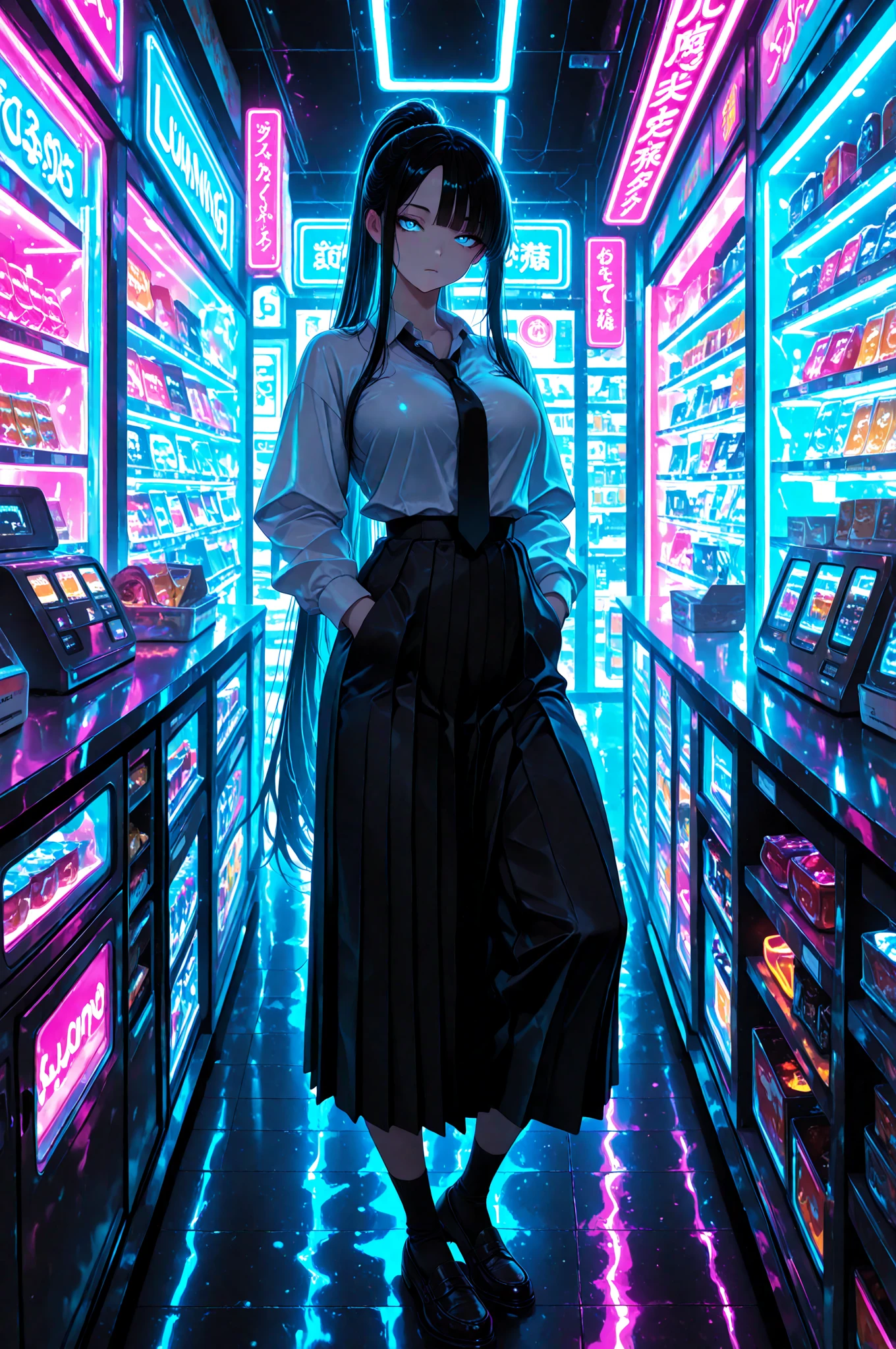neon aesthetic, neon colors, glowing, glow effect, vibrant colors, high contrast, fluorescent, luminescence, light effects, chromatic lighting, colorful lighting, bright outlines, neon lineart, dark background, digital art, masterpiece, newest, absurdres, incredibly absurdres, best quality, amazing quality, very aesthetic, intricate details, skin details, detailed skin, subsurface scattering, (anime style), anime coloring, vivid colors, studio lighting, 1girl, Aryi Miel, sharp blue eyes, forehead, long side bangs, black hair, very long hair, straight hair, ponytail, , curvy, beautiful, , cool, delinquent, school uniform, loosened tie, skirt, socks, loafers, bored expression, slouching posture, sitting on chair, balancing on chair, hands in pockets, one leg on counter, behind counter, working at convenience store, convenience store interior, cluttered shelves, neon lighting, messy counter, dynamic angle, foreshortening, foreground, blurry foreground