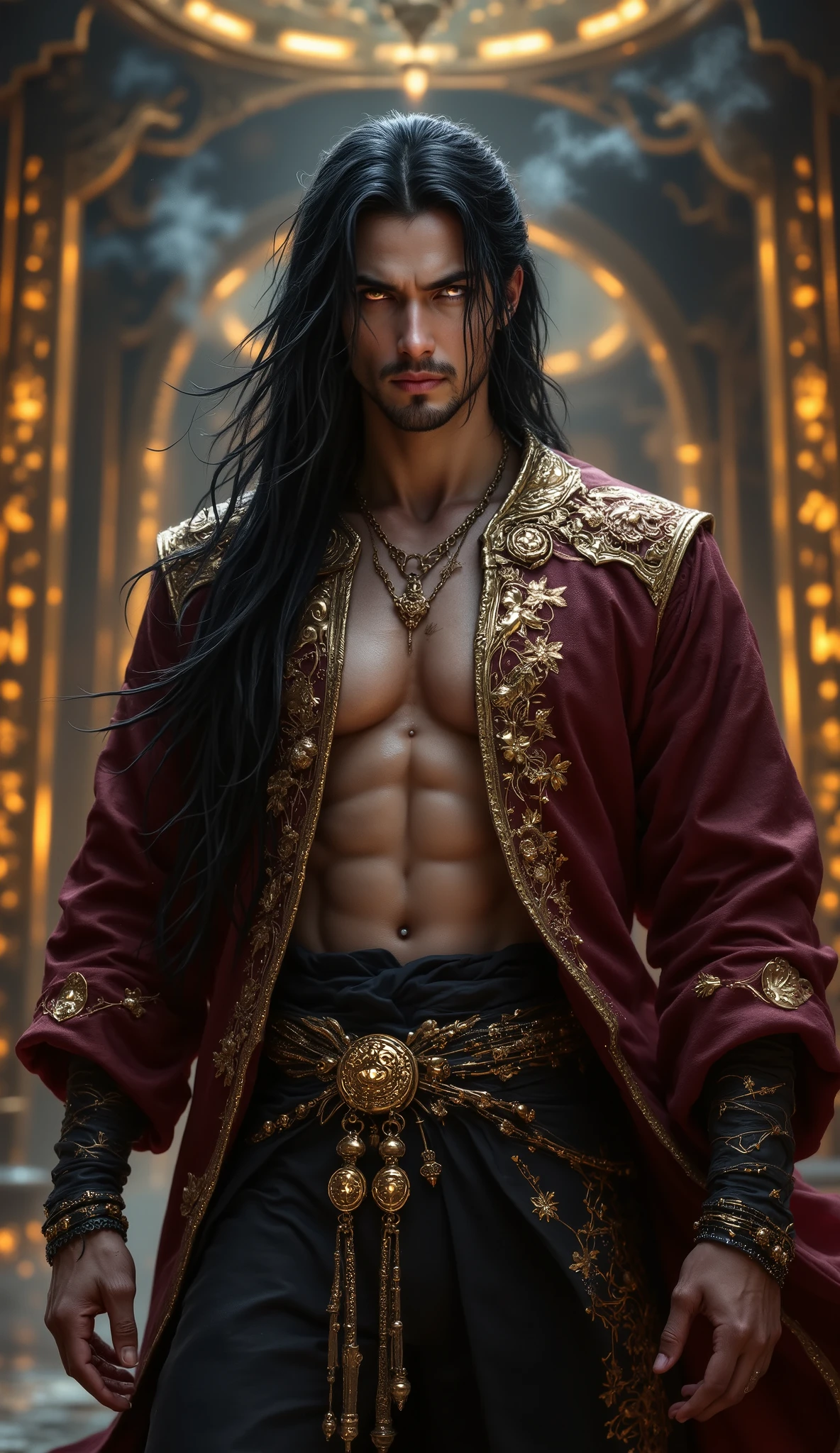 (8k,shipmentsrrealista shipments Maximum quality;1.4) (1 young boy) Super handsome king of the underworld (lifelike face) (long wet black hair, shiny black floral hair) slenderbody Muscular and hairy and macho Shiny black floral aristocratic outfit with large golden eyes black shiny floral decoration Fangs peeking out of the mouth Pointed claws a seductive gaze Beautiful expression A hyper-realistic (King of the Underworld) appealing (real looking skin) super high resolution high détail Luxury black floral pants black pink black aura emanating from the body effect black floral transparent cover