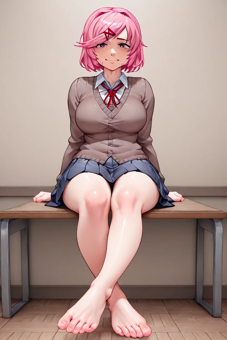 (Best Quality, 4K, 8K, hight resolution, masutepiece:1.2), Pink hair、bobhair、her breasts are beautiful and big。Spread your legs apart on a single chair and put your butt on the stand.。facing front。The most beautiful pubic area with hair is opened using hands。My clothes include my school tie and Y-shirt with a few buttons undone.。Flail。