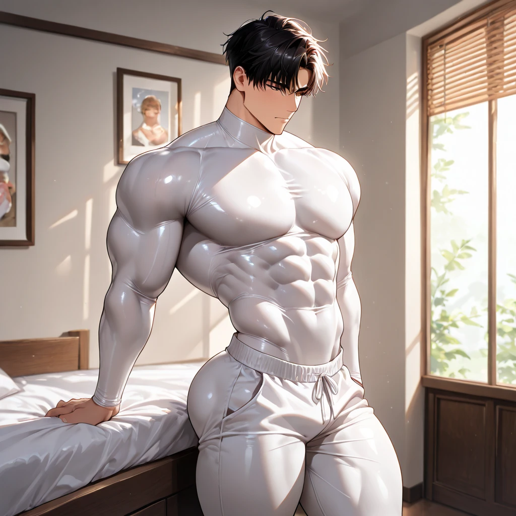 45 yers old,Kogoro Mouri,Shirtless,Tong,Bulge,onbed,Kneeling,black thong,Muscle men ,artwork of a,tmasterpiece,k hd,Cinematic texture