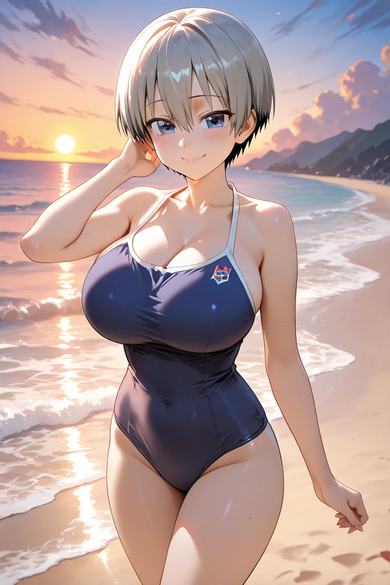 uzaki, uzaki hana, uzaki chan wants to hang out, masterpiece, best quality, highres, shirt, collarbone, fang, short hair, silver hair, fang, large breasts, huge breasts, bikini, beach, ocean, sea, sand, sun, sky, water, wet, summer,
(((realistic))), ultra realistic, highres, absurdres, incredibly absurdres, 4k,
<lora:Uzaki:0.8>