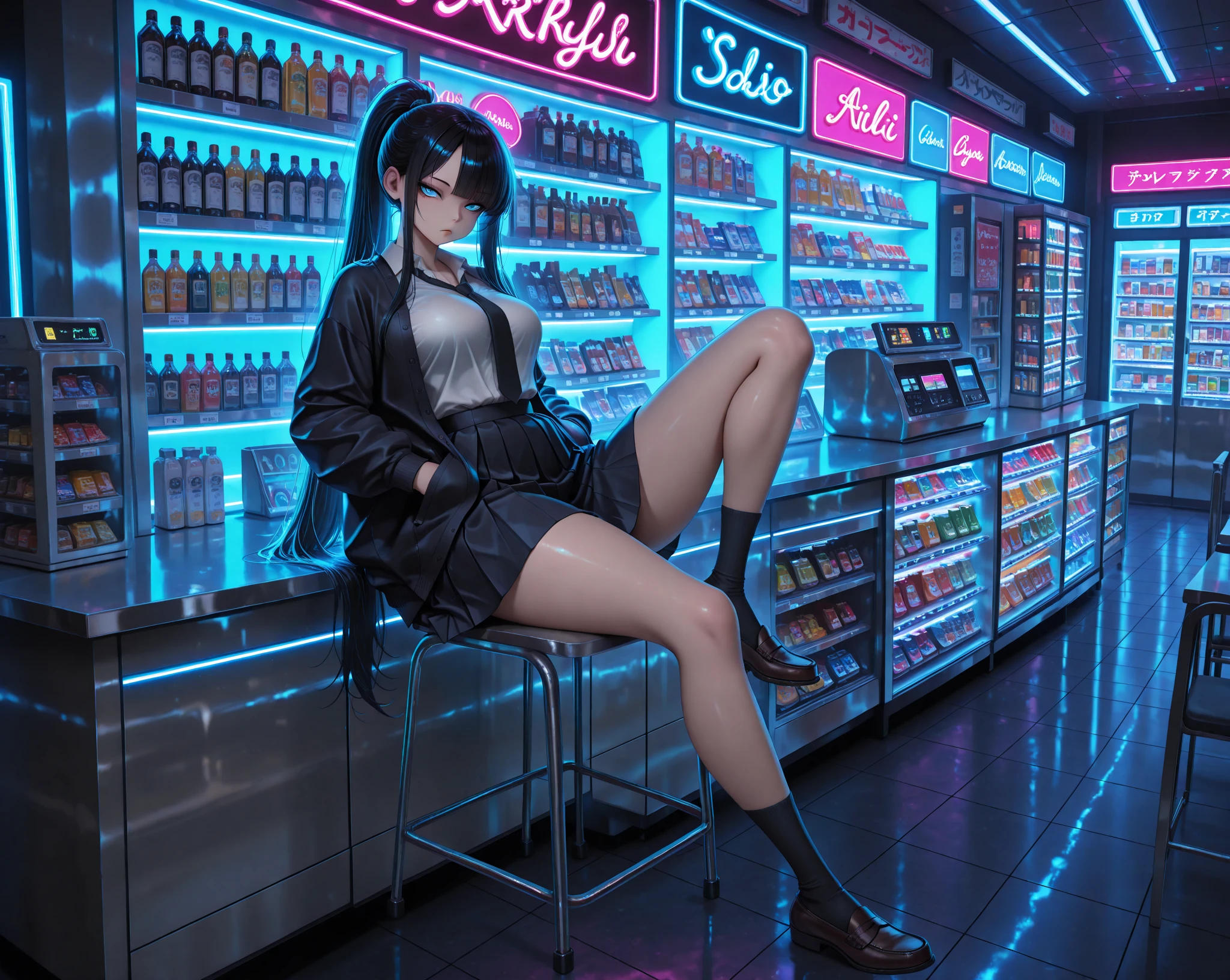 neon aesthetic, neon colors, glowing, glow effect, vibrant colors, high contrast, fluorescent, luminescence, light effects, chromatic lighting, colorful lighting, bright outlines, neon lineart, dark background, digital art, masterpiece, newest, absurdres, incredibly absurdres, best quality, amazing quality, very aesthetic, intricate details, skin details, detailed skin, subsurface scattering, (anime style), anime coloring, vivid colors, studio lighting, 1girl, Aryi Miel, sharp blue eyes, forehead, long side bangs, black hair, very long hair, straight hair, ponytail, , curvy, beautiful, , cool, delinquent, school uniform, loosened tie, skirt, socks, loafers, bored expression, slouching posture, sitting on chair, balancing on chair, hands in pockets, one leg on counter, behind counter, working at convenience store, convenience store interior, cluttered shelves, neon lighting, messy counter, dynamic angle, foreshortening, foreground, blurry foreground