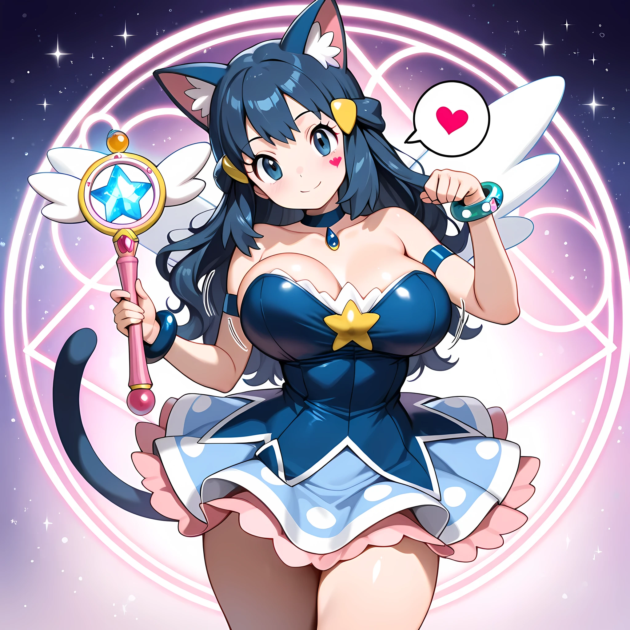 (masterpiece), (highest quality), (illustration), (super detailed), (high resolution), absurdity, 1girl,solo,dawn_(pokemon),(long hair),(wavy hair),catgirl,cat ears,cat tail,magical girl,magical girl costume,blue clothes,wings,patterned dress,strapless,bare shoulders,collarbone,standing,stardust background,stars,cowboy shot,spoken heart,head tilt,looking at viewer,smile,looking at viewer,spoken heart,big breasts,breast jiggle,cute smile,magic wand,holding wand,jewelry,bangles,bracelets,curvy,bouncing breasts.,magic circles,dynamic angle,outstretch hand,heart tattoo on face,cat pose