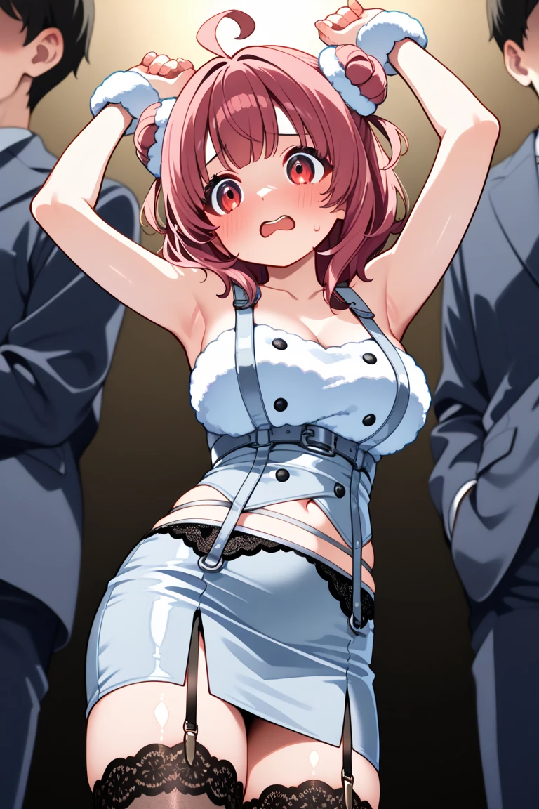score_9, score_8_up, score_7_up, source_anime, sakimiya iruka, red hair, green eyes, one side up, medium hair, green scrunchie, hair ornament, shiny skin, rating_explicit, large breasts, large ass, pole dancing, (wedding dress, mini skirt),(cameltoe),(frown, tearful), (tears),(sweat:1.2),(steam on body, heavy breathing),(motion lines, motion blur),dynamic pose, on stage