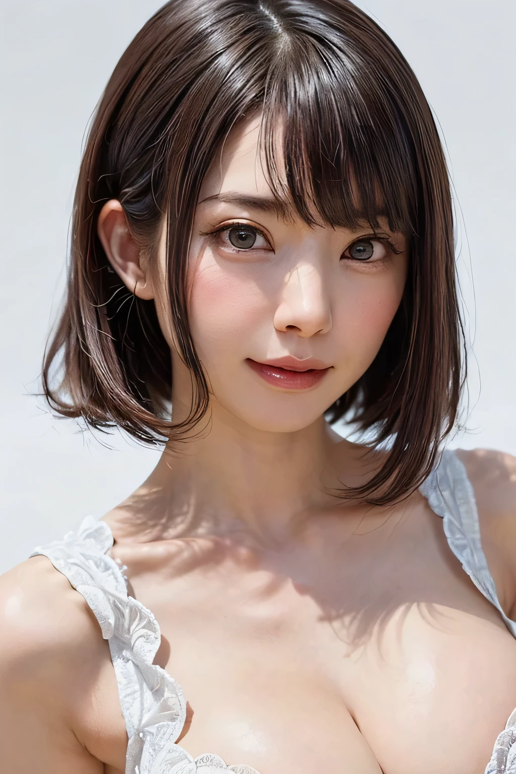 ((masterpiece, Highest quality, High resolution、Realisticですべてが美しく詳細に描かれている)), 1 girl, (Realistic: 1.4), alone, White Background, snow-White Background, Mouth closed, smile, smile, Beautiful black hair, short hair, Big eyes, Transparent double eyelids, eyelash, Listen carefully, Long neck, 美しくLong neck, Absolute area, ((Face close-up)), (Draw the whole head, shoulder), 19 years old, Attractive proportions, Glowing Skin, Beautiful clavicle, Golden ratio face, Perfect Face, Teardrop-shaped mole, chestのほくろ, bangs, clean bangs, beautiful bangs, Lip gloss, Thin lips, Fair skin, naked, Big Breasts, {Huge|big|Hugeな|Mega} chest:2, chestの谷間:2,Small face, Small face, All the heads are painted, shoulder all drawn, Point slightly above the camera