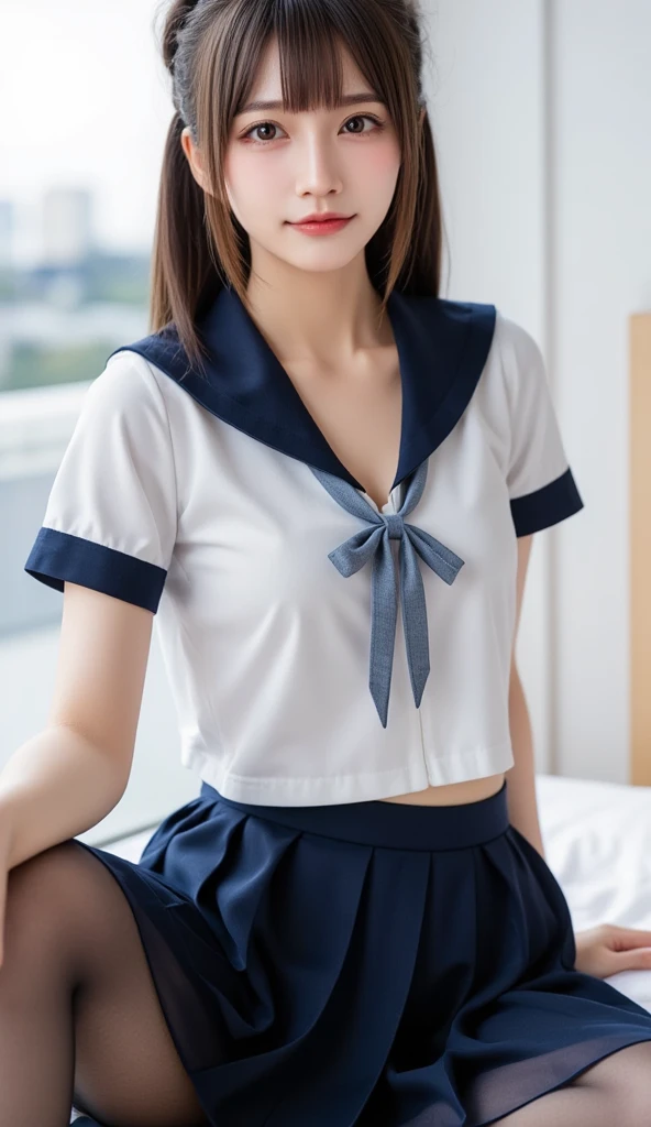 15yo pretty school girl, short black hair, beautiful face, half sleeves white shirt, short dark blue skirt, beautiful thigh, symmetrical eyes, in bed, big breast, classroom, with some classmates