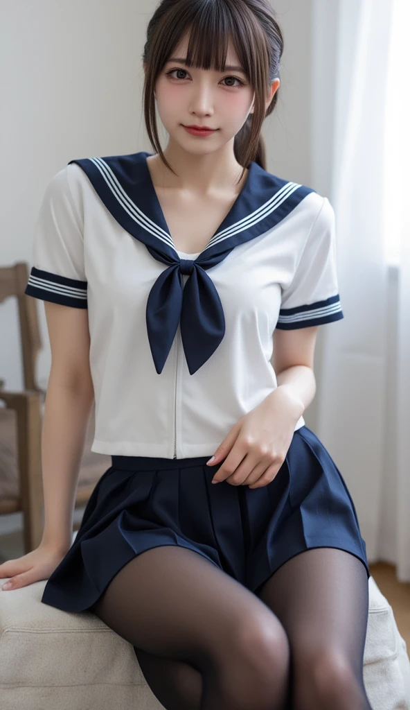 top-quality,ultra-detailliert,masterpiece,realisitic,Photo Real,Bright lighting,1 clove of garlic:1.2), Upper body、The upper uniform is torn and the bra is visible.、A sexy、Skirt flutters、Cute underwear、Uniform torn、kawaii、Angle from below、skinny、small tits、an extremely beautiful 17-year-old girl, (kawaii:1.2),Bursting smile, Black eye,A dark-haired,bobhair、,(bangss),perfect glossy skin,flawless skin,((erotick,sexy for)), large full breasts,big breasts thin waist, Look at viewers,a sailor suit,high-school uniform:1.2、shortsleeves,neck tie,Raise,sockes、Futomo、(Loafer shoes), during daytime,Raise