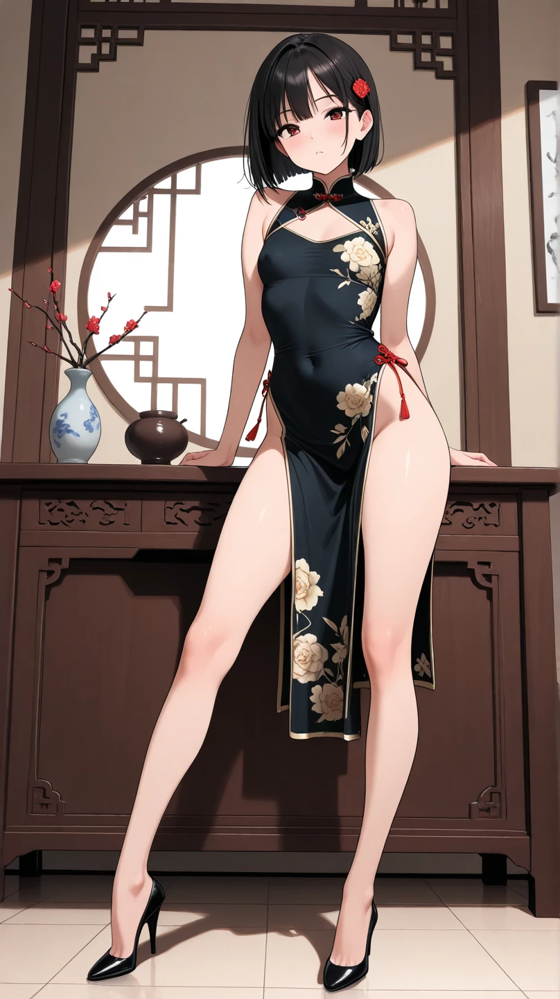 High resolution, adult woman , good lighting, despicable, , (No nudity), (((China dress))), (()), ((())), (garter belt), abdomen only, (), , cute face, I'm embarrassed and blush, humiliating, ((turn around and look back)), ((See-through))()(T-back)(a large amount of is on the body,)