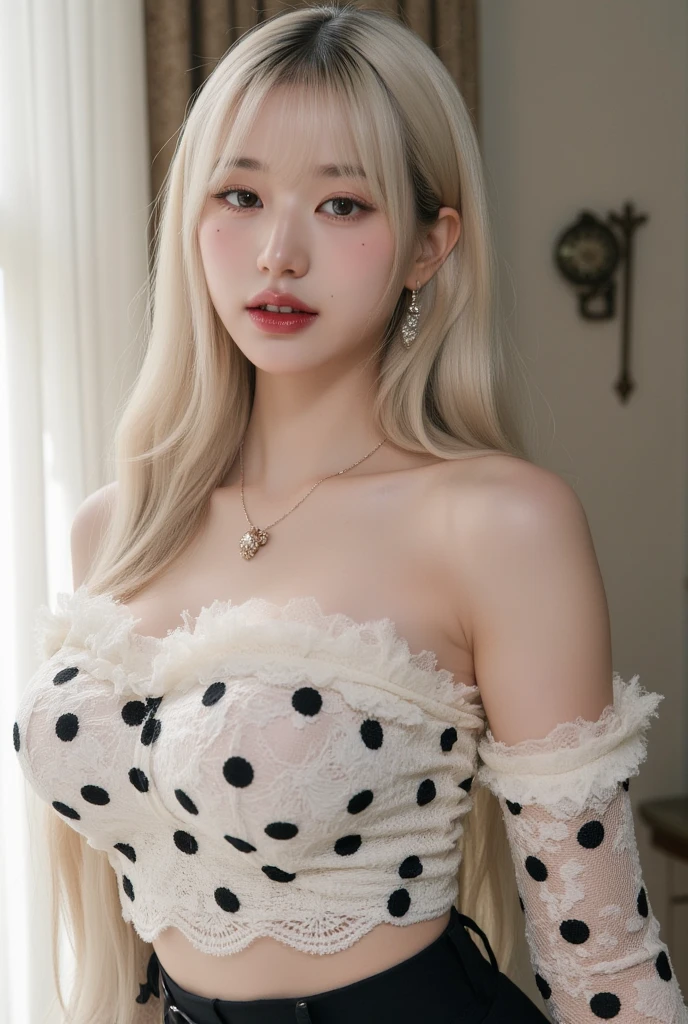 ((Girl getting on all fours in office)),(((posterior view)))、 Silver hair, Bangs, Blunt bangs, Long straight hair, aqua eyes, longeyelashes, Solid Circle Eyes, makeup, Open mouth, blush, Parted lips, Bright pupils, smiley, Seductive smile, glint, surrealism, Modern、Black pantyhose、high-heels、((Pure white dress、Floral dress、、off shoulders、up skirt: 1.6))、Skyscrapers are hazy in the windows、mix4、((Black lace panties))、((stick out buttocks))、Provocative、