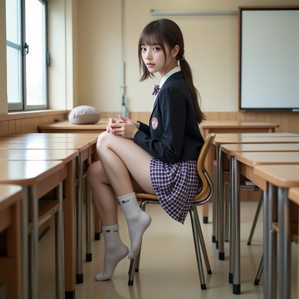 (ung girl), (very detailed美しい顔), wonderful face and eyes, (highest quality:1.4), (super detailed), (very detailed CG 統合 8k 壁紙), very detailed, High resolution raw color photos, professional photography, realistic portrait, wonderful face and eyes, pink eyes, (High School Uniform, pleated mini skirt:1.3), (High school uniform with wide open chest:1.4), twin tails, brown hair, model,  (((Bokeh))), Depth of bounds written, School, classroom, (squat:1.2), (Light lace panties:1.2), view from below