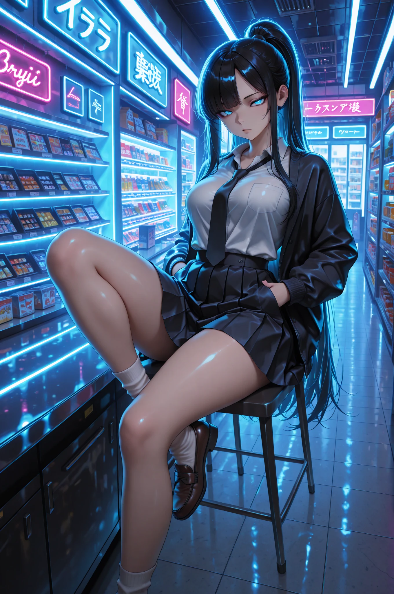 neon aesthetic, neon colors, glowing, glow effect, vibrant colors, high contrast, fluorescent, luminescence, light effects, chromatic lighting, colorful lighting, bright outlines, neon lineart, dark background, digital art, masterpiece, newest, absurdres, incredibly absurdres, best quality, amazing quality, very aesthetic, intricate details, skin details, detailed skin, subsurface scattering, (anime style), anime coloring, vivid colors, studio lighting, 1girl, Aryi Miel, sharp blue eyes, forehead, long side bangs, black hair, very long hair, straight hair, ponytail, , curvy, beautiful, , cool, delinquent, school uniform, loosened tie, skirt, socks, loafers, bored expression, slouching posture, sitting on chair, balancing on chair, hands in pockets, one leg on counter, behind counter, working at convenience store, convenience store interior, cluttered shelves, neon lighting, messy counter, dynamic angle, foreshortening, foreground, blurry foreground