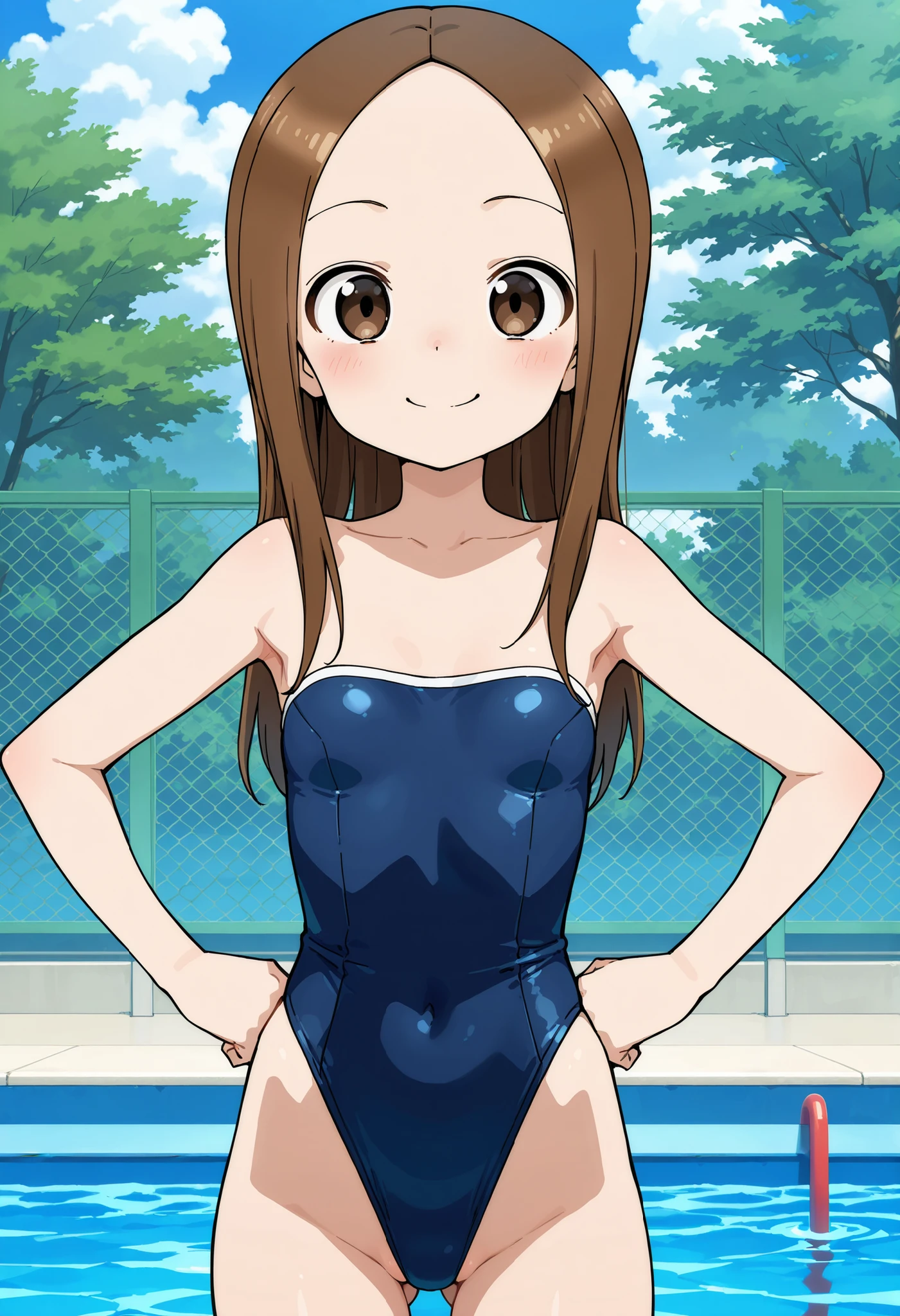 masterpiece, Highest quality, Very detailed, anime, girl,Night Pool,High cut swimsuit,smile,:d,action,Ass Focus, 1-takagi-san,