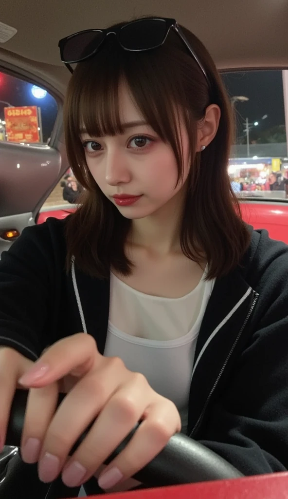 Portray a person with a cute hairstyle, sporting a sweet smile, while enjoying a candy apple, all depicted in the style of Japanese photography with hyper-realistic portraits. Dress the individual as a cheerleader and incorporate instruments typically used in an orchestra. Utilize a local cityscape as the background and experiment with shades and out-of-focus elements using an instant camera