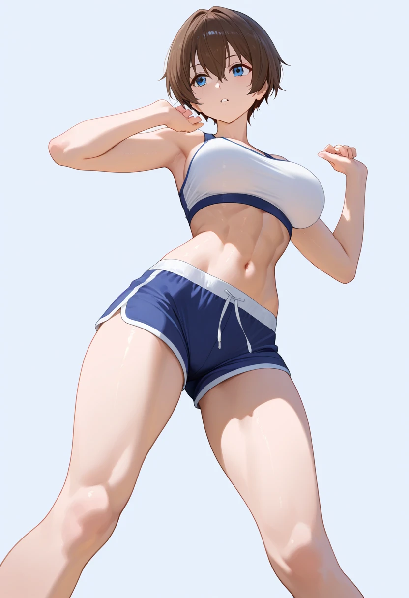 Close-up of a woman with short brown hair, blue eyed woman, big breasts, had very large breasts, Made at Anime Painter Studio, Tits, clothing:black sports bra, 女性がAre standing, anime style, muscular woman, feminine and muscular, tall, high school girl, adult sex appeal, wore long pants, Are standing, sports bra with an black, long pants with an red, anime dick!!!!, bare shoulders, bare arms, from the front, female focus,