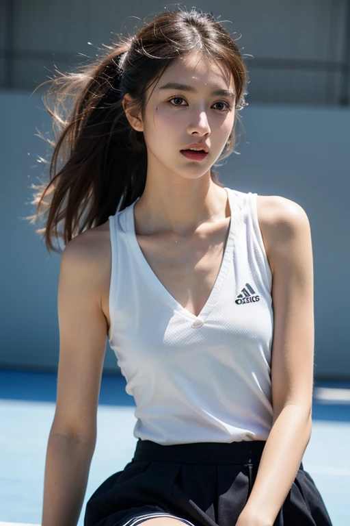1 woman, 8k, RAW photo, (top quality, masterpiece, intricate detail: 1.4), (realistic, photorealistic: 1.3), (realistic: 1.hotorealistic, Japan female track and fielder, (rainy weather)), ((woman standing on the track in the stadium: 1.8)), (beauty like an actress in Japan), (heavy rain), (((thin track and field team tank top)) , (light-colored track and field team tank top), (rain-soaked and see-through skin tank top), track and field team tank top that sticks to the skin wet from rain, wet colored bloomers, (wet hair), (wet bangs), wet skin, (transparent nipple protrusions), 13 years old, (small face: 1.5), (nervous expression), light makeup, thin eyebrows, detailed and beautiful face, detailed eyes, (tear bags: 1.5), detailed fingers, detailed legs, detailed skin, medium breasts, shiny hair, shiny skin, wet and dripping hair, wet and dripping skin, wet and dripping tank top, (no bra), (no underwear)