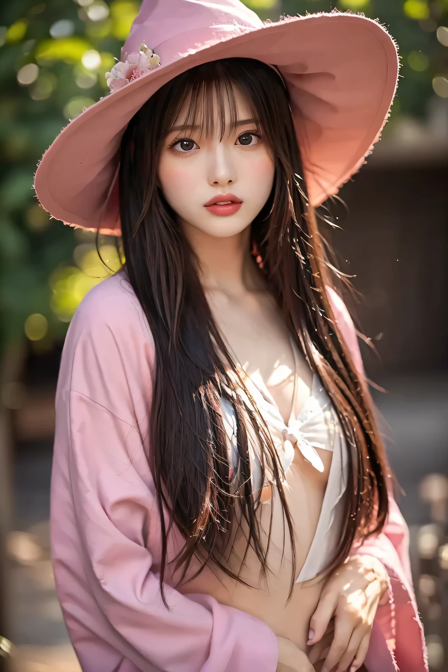 ((Best quality, 8k, Masterpiece: 1.3)), Sharp focus A beautiful woman with perfect body, magic, hat, girl, witch, wizard, Female wizard, wizard-style outfit, pink robe, pink witch hat, brown hair