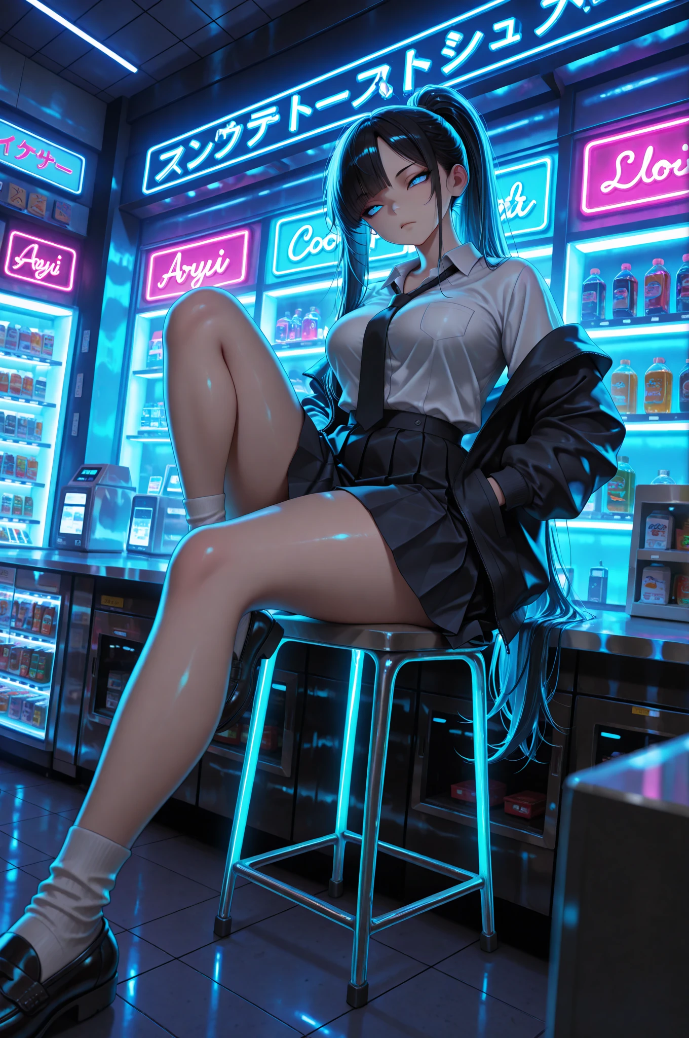 neon aesthetic, neon colors, glowing, glow effect, vibrant colors, high contrast, fluorescent, luminescence, light effects, chromatic lighting, colorful lighting, bright outlines, neon lineart, dark background, digital art, masterpiece, newest, absurdres, incredibly absurdres, best quality, amazing quality, very aesthetic, intricate details, skin details, detailed skin, subsurface scattering, (anime style), anime coloring, vivid colors, studio lighting, 1girl, Aryi Miel, sharp blue eyes, forehead, long side bangs, black hair, very long hair, straight hair, ponytail, , curvy, beautiful, , cool, delinquent, school uniform, loosened tie, skirt, socks, loafers, bored expression, slouching posture, sitting on chair, balancing on chair, hands in pockets, one leg on counter, behind counter, working at convenience store, convenience store interior, cluttered shelves, neon lighting, messy counter, dynamic angle, foreshortening, foreground, blurry foreground