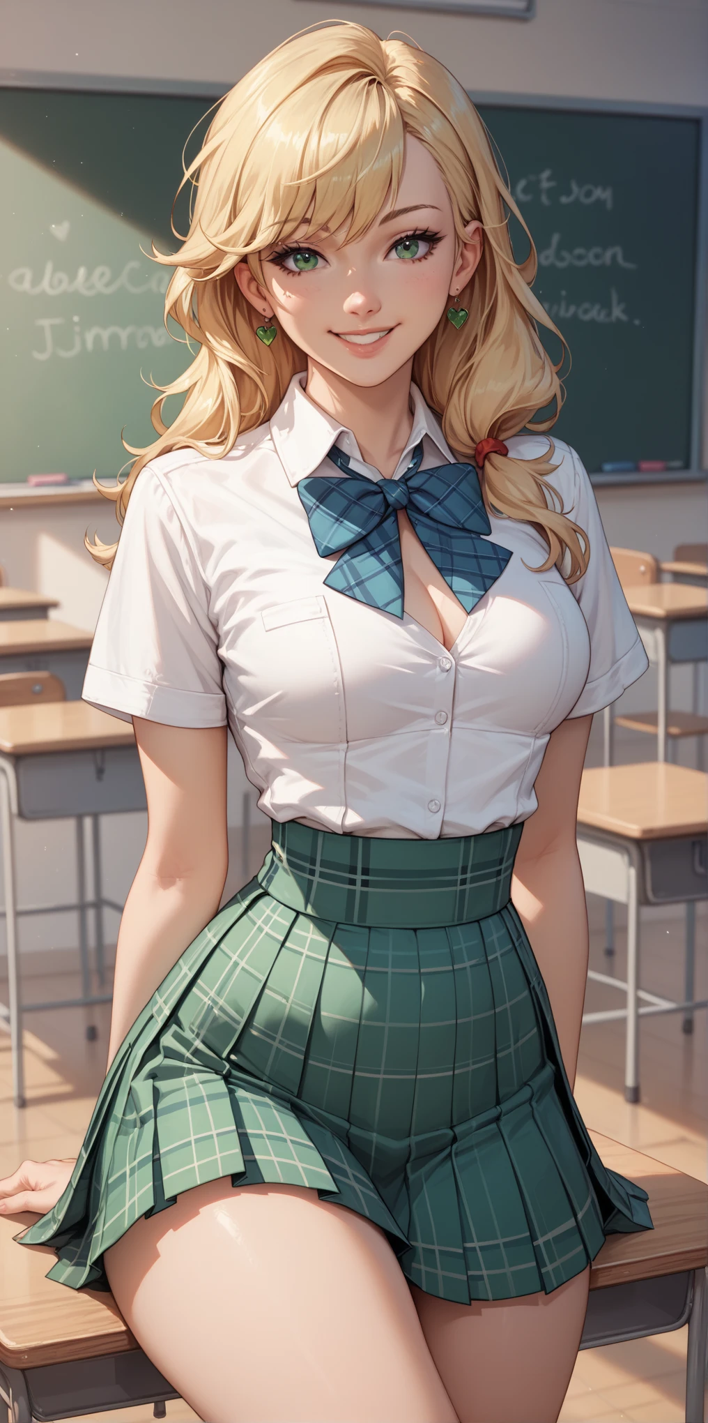 (highly realistic), (global illumination), (ray tracing), ((Gil Elvgren)), (illustrated style), ((highly detailed faces)), (8k resolution), pale blue eyes, (hyper realistic), (photorealistic: 1.4), cute librarian with hair tied in a bun, library, beautiful, green pencil skirt, white ruffled silk blouse