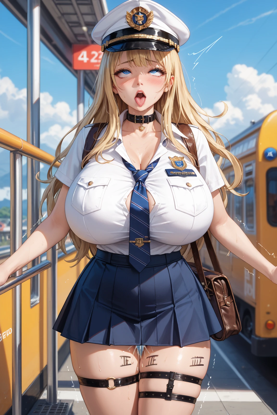 High school girl in sailor uniform standing holding a train strap in the center surrounded by a group of naked men，Stand with a train strap，Draw the whole body，Draw to the toes，Get everyone's attention，Uncle with a lot of penises around，The eyes around are focused on the woman，Nipples and genitals are raw and exposed，Pichi Pichi School Uniform，Super miniskirt in uniform，White socks，gals，Outstanding style，big eye，Crisp double eyes，Well-formed and clean face，Beautie，Exposed genitals，bare nipple，Super huge，ultra gigantic tits，very big boobs，Large vertical drill hair，Long blonde wavy hair，Whippy body，Glamorous body，thick thight，long thighs，Black stockings，Breasts are twice the size of the face，Nipples are raw and exposed, The genitals are raw and exposed，Cute and lovely smile with makeup，Joyful smile，Happy look，Showing teeth and smiling，On a train full of dirty men，Inside a crowded train with uncles，Dirty men are watching