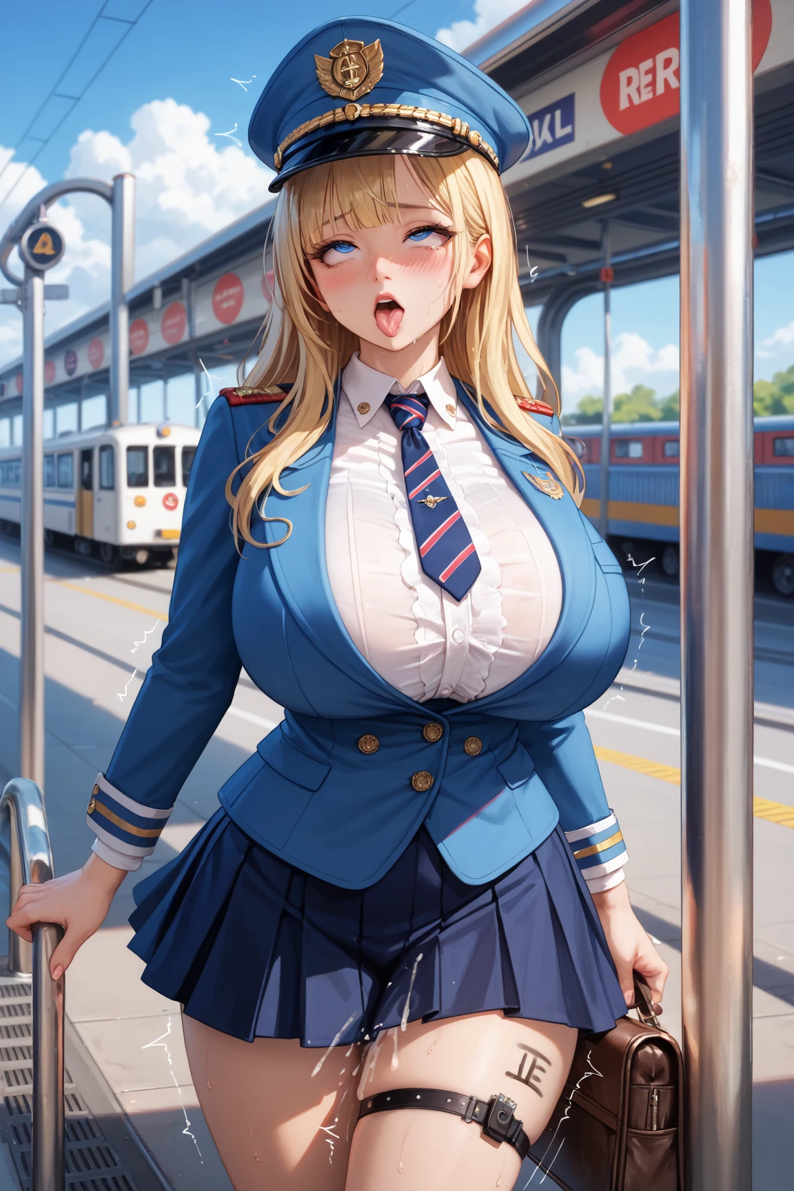 Hentai、Anime Style、High resolution、Trance、Busty gal wearing a station attendant's uniform at a subway station and making a sex appeal、Pussy exposure、Fatty thick legs、Perfect proportions、Cowboy Shot、Girls und Panzer、Nishizumi Maho