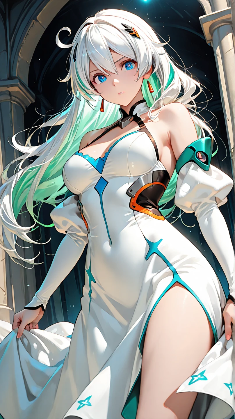 (girl1), (anime), white, with long green hair, jade green eyes, an 18 year old woman, with white stockings and a sexy dress, wearing a heroine costume consisting of a white sleeveless swimsuit with purple details and a yellow crescent moon on his chest. She also wears purple high boots, white gloves with spikes and metal plates on her waist and feet, look at her (Bust of hyper gigantic breasts with 800 centimeters:1.5)