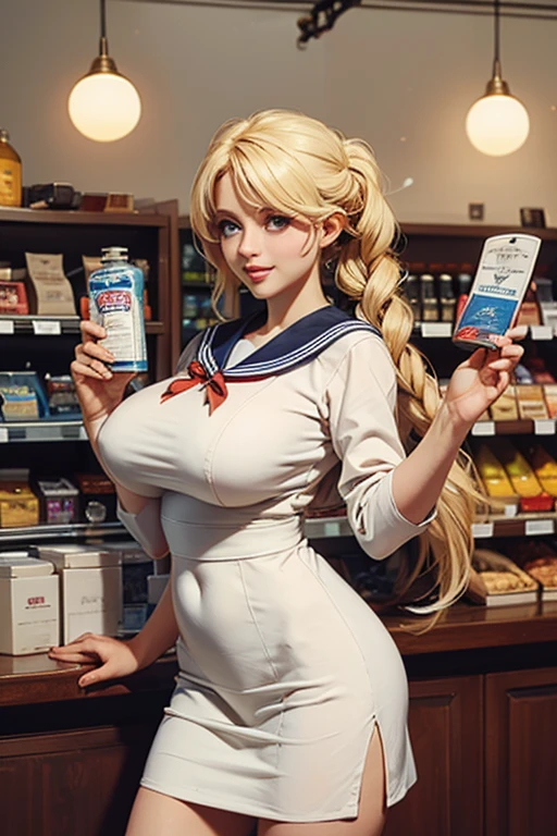 An Idol k-pop girl, (cute face:1), (lewd face:1), braid hair, intricate face details, detailed face, golden ratio face, ((huge breasts:1)), ((large breasts:1)), ((giant breasts:1)), ((big breasts:1)), ((slim waist:1)), ((big butt:1)), ((big hip:1)), ((big thighs:1)), ((thick thighs:1)), ((intricate hands:1)), ((detailled hands:1)), ((intricate feets:1)), ((detailled feets:1)), (polished skin:1,9), (sweaty:1,9), (thicc:1), (erotic:1), (perverted:1), (she is sexually aroused:1), (full body:1), (look at viewer:1), 64K, UHD, HDR, global illumination, (high quality, high detailed, hyper detailed, extremely detailed), photo realistic, ultra realistic, art photo, (clarify the details, detailed parts body), intricate artwork masterpiece, trending on artstation, (soft smile), (dark blue eyes:1,9), (yellow platinum hair:1,9), tight clothes, walking in the supermarket, blue sweater, shock pant, market bag, carry bag in hand