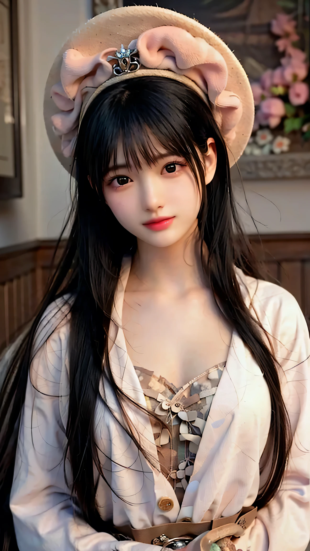 ((Best quality, 8k, Masterpiece: 1.3)), Sharp focus A beautiful woman with perfect body, magic, hat, girl, witch, wizard, Female wizard, wizard-style outfit, pink robe, pink witch hat, brown hair