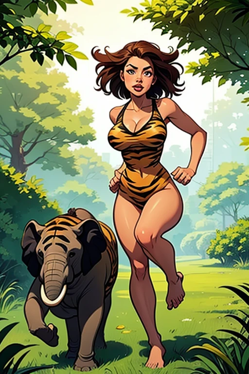 Ugga,brown hair,short hair,brown eyes, muscular,
dress,animal print, off shoulder, sleeveless,  cleavage,   body scars, teeth, tight, 
  clenched hands,  grin, 
standing,  upper body, 
solo, smile, from behind,  ass,
tropical forest,  large fruits, 
(insanely detailed, beautiful detailed face, masterpiece, best quality)   <lora:Ugga:0.8>