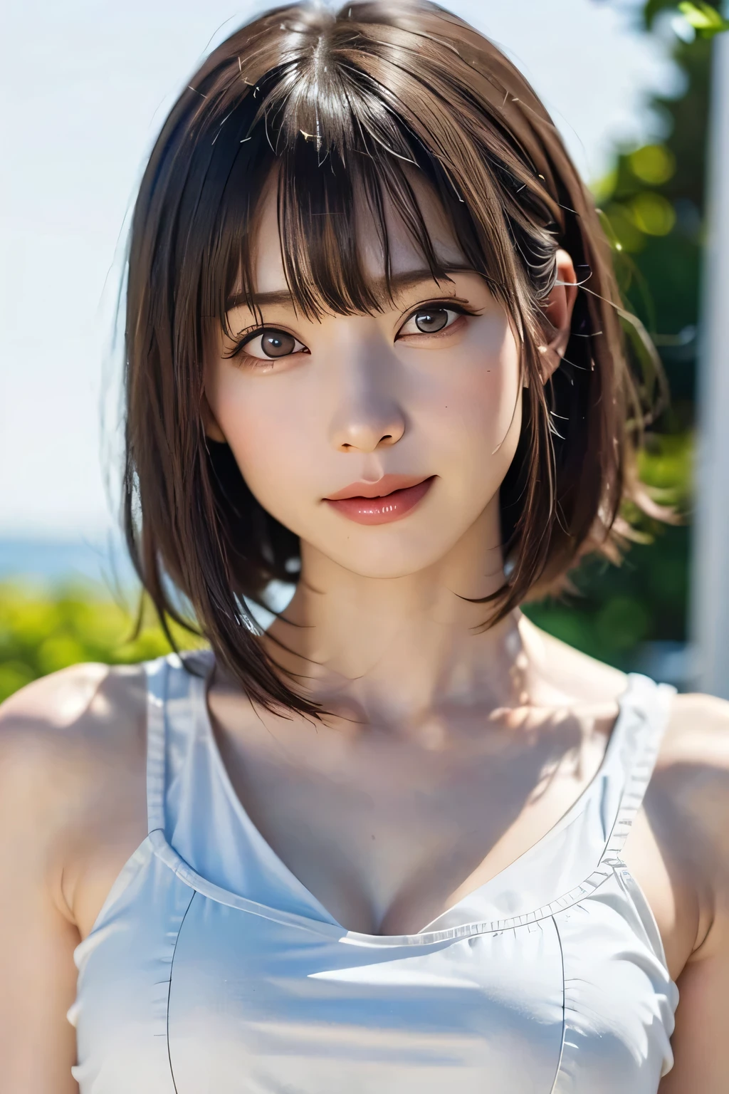 1 girl、highest quality、realistic、alone、Depth of written boundary、natural soft light、daytime、charm、beautiful face、cleanliness、pure face、white skin、cute、short hair、bangs、beach、Light of the sun、Nedium Breast Body Esbian、((セーター黄金比のbeautiful face 対称性のあるbeautiful face))、long neck、show me your ears、bangsのあるきれいな短いボブヘア、smile with your mouth closed、perfect hands指、perfect hands、perfect body、perfect face、Shine a light into your eyes、perfect anatomy:1.4、とてもcuteスーパーモデル:1.4、{Huge|big|Hugeな|mega} chest, cleavage、smile:1.6、Very beautiful teeth:1.6