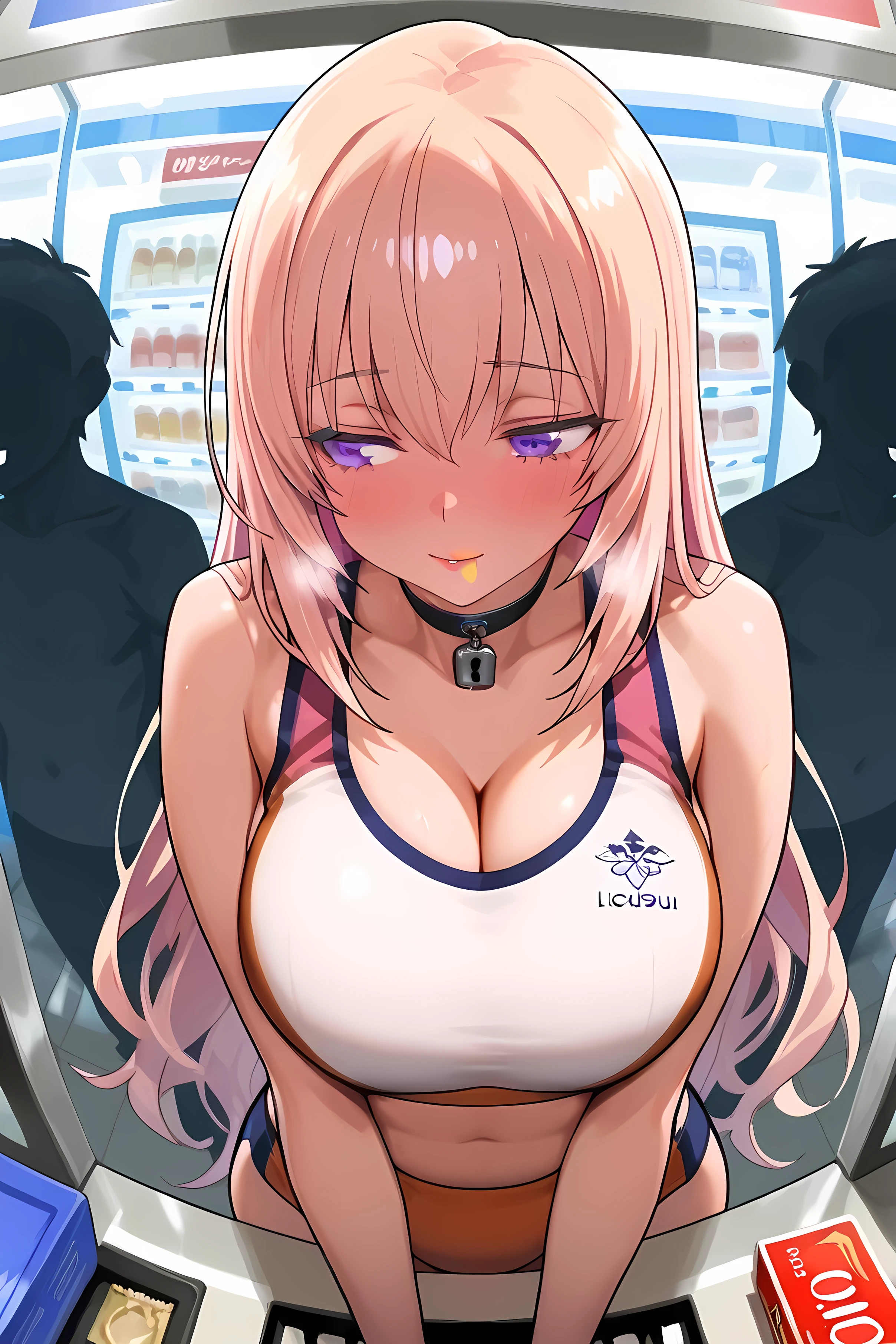masterpiece, best quality, 1 girl, pink long hair, side hair tied back, yjhonami, (ichinose_honami_(youjitsu)), youkoso_jitsuryoku_shijou_shugi_no_kyoushitsu_e, solo, very long hair, perfect eyes, purple eyes, perfect face, large breast, gorgeous body shapes, large hips, rackuni, track uniform,buruma, sportswear,sports bra, track and field,sports bikini,orange sports bikini bottoms, white sports bra,bare shoulders,two-tone sports bra,crop top,midriff, mature female, milf, motherly, , sleek silhouette, heavily blushing, lips slightly parted, half-lidded eyes, shy yet curious gaze, moist eyes, nervous breathing, seductive yet hesitant expression, condom box on counter, Stand at the counter, in convenience store, lock shape choker,