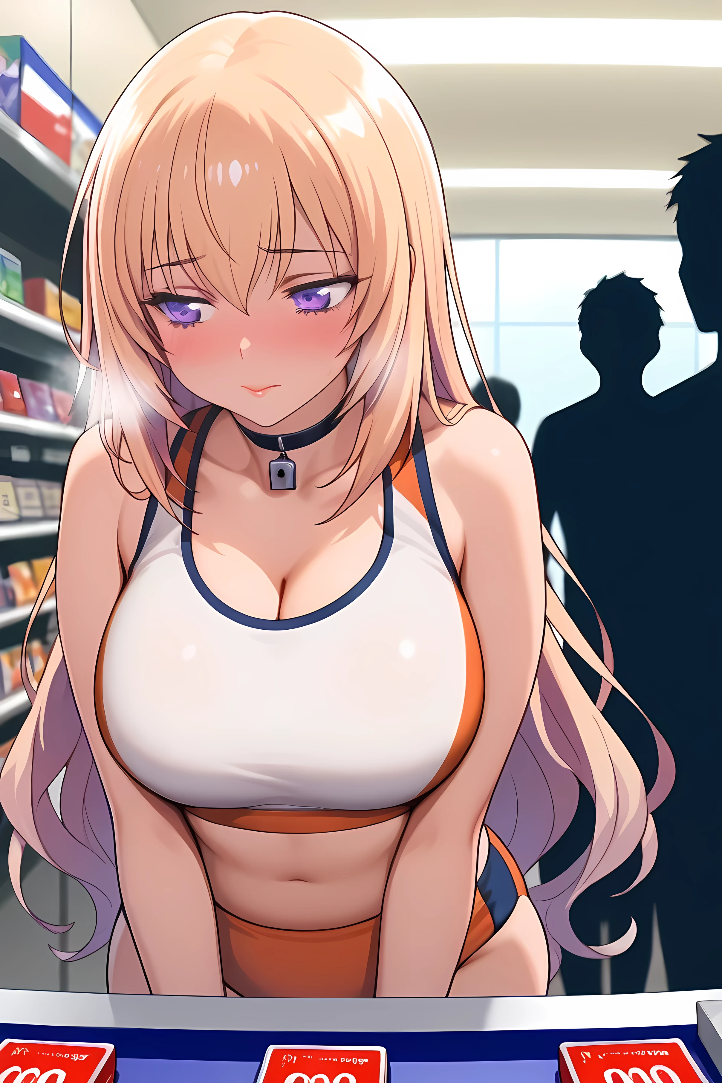 masterpiece, best quality, 1 girl, pink long hair, side hair tied back, yjhonami, (ichinose_honami_(youjitsu)), youkoso_jitsuryoku_shijou_shugi_no_kyoushitsu_e, solo, very long hair, perfect eyes, purple eyes, perfect face, large breast, gorgeous body shapes, large hips, rackuni, track uniform,buruma, sportswear,sports bra, track and field,sports bikini,orange sports bikini bottoms, white sports bra,bare shoulders,two-tone sports bra,crop top,midriff, mature female, milf, motherly, , sleek silhouette, heavily blushing, lips slightly parted, half-lidded eyes, shy yet curious gaze, moist eyes, nervous breathing, seductive yet hesitant expression, condom box on counter, Stand at the counter, in convenience store, lock shape choker,