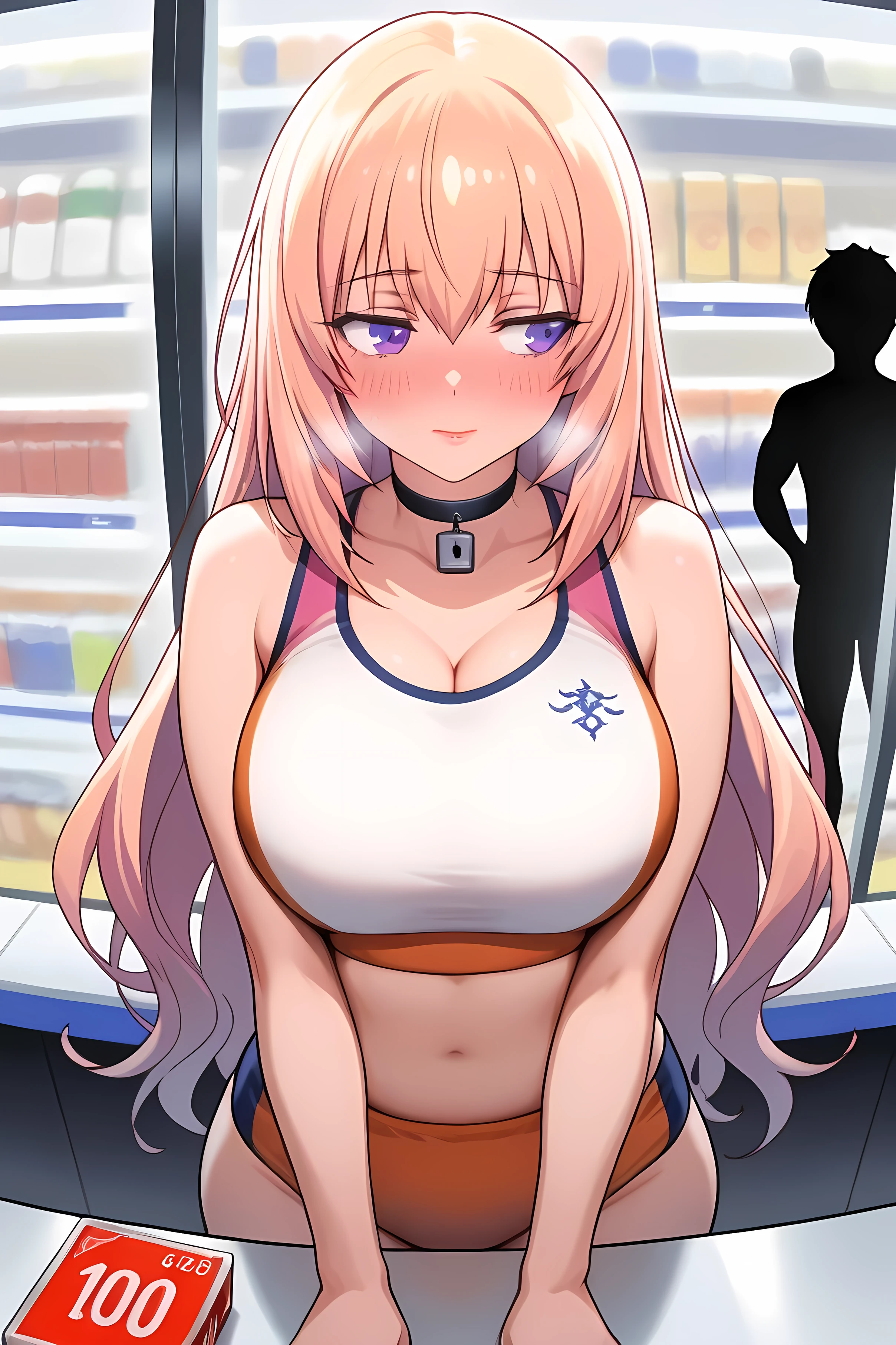 masterpiece, best quality, 1 girl, pink long hair, side hair tied back, yjhonami, (ichinose_honami_(youjitsu)), youkoso_jitsuryoku_shijou_shugi_no_kyoushitsu_e, solo, very long hair, perfect eyes, purple eyes, perfect face, large breast, gorgeous body shapes, large hips, rackuni, track uniform,buruma, sportswear,sports bra, track and field,sports bikini,orange sports bikini bottoms, white sports bra,bare shoulders,two-tone sports bra,crop top,midriff, mature female, milf, motherly, , sleek silhouette, heavily blushing, lips slightly parted, half-lidded eyes, shy yet curious gaze, moist eyes, nervous breathing, seductive yet hesitant expression, condom box on counter, Stand at the counter, in convenience store, lock shape choker,