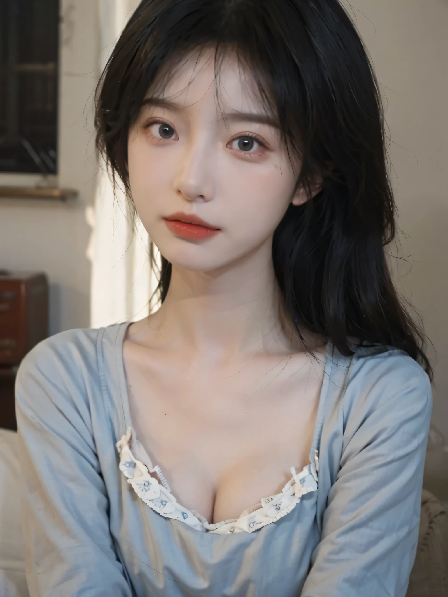best quality, ultra high resolution, (realistically:1.4), a girl, A pair of clear and charming peach blossom eyes,Royal sister,a sense of atmosphere,a beautiful girl(faded gray hair:1), (Big cleavage:1.3), looking at the audience, Close-up cleavage ,
