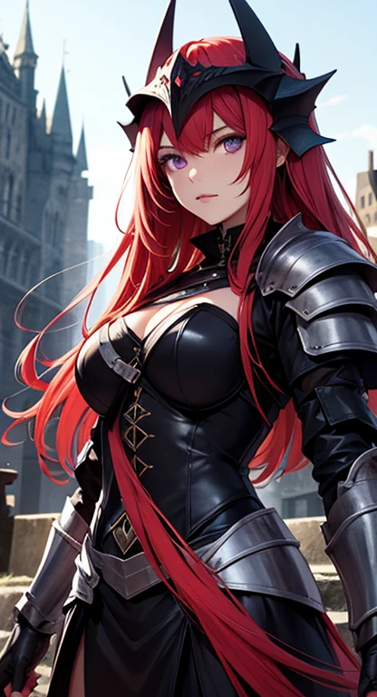 Black rose knight, rare, beast maiden, armor, beautiful girl, long red hair, Heterochromia, dark skin, town,