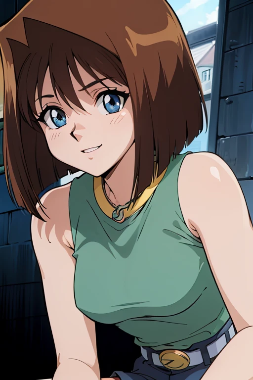 looking at the camera、When I Look at You、lookatviewer、Anime Style、Eroge、1 Girl, (Huge breasts), (Tight white camisole dress)、Low Angle、Brown haired, hair band、Bob Hair、The forehead is visible、blush,The whole body is visible:1.5、Long skirt、(Selfie:1.5)