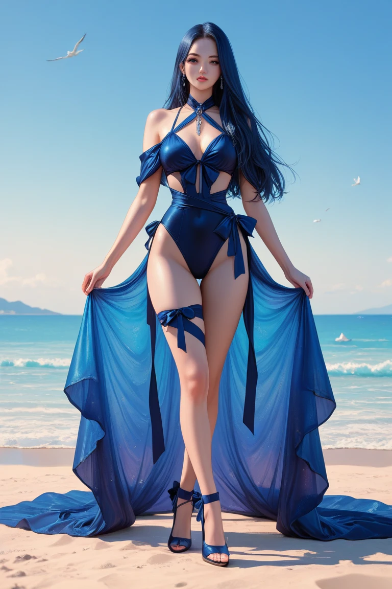 At the picturesque beach, under the radiant sun, there stands a girl whose appearance seems like a work of art woven into the coastal landscape. She dons a one-piece swimsuit, the color of cerulean waves, which hugs her slender frame gracefully. The fabric shimmers as if echoing the glistening sea, accentuating her youthful allure.Her long, ebony hair cascades down her back like a waterfall of silk, each strand dancing in the warm breeze. The sun's rays playfully catch in her hair, creating an enchanting halo of dark, glossy tendrils that frame her delicate face.But it's her eyes that truly captivate all who chance upon her. A mesmerizing shade of deep, royal purple, her eyes mirror the ocean depths themselves. They seem to hold the mysteries of the sea within them, and as they gaze out at the horizon, they're like windows to another world.As she walks along the shoreline, her bare feet imprinting the wet sand, the gentle waves lap at her ankles, leaving behind frothy lace that mirrors the lace of her swimsuit. Her presence seems to harmonize with the rhythm of the tides, a living embodiment of the beach's beauty.