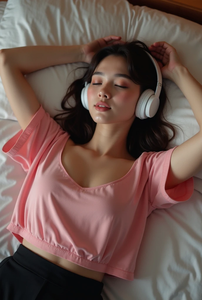 Nap while listening to music, one Japan high school girl, bed, live action, clear photo, pink pajamas
