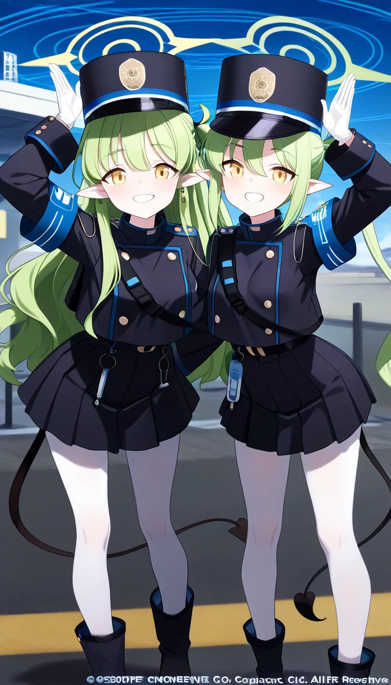 hikari_\(blue archive\) , nozomi_\(blue archive\) , yellow eyes , green hair , long hair , earring , pointy ears , halo , tail , jacket , skirt, White tights, White pantyhose, arm band, white 2girls「Lily」「2girls」 2girls、2girls、Lily、2girls , best quality Best Quality Official Art Best quality , best quality ( best quality )、(Nonsense)、( very detailed)、( very beautiful way to hold ) information best quality 、 Ultra-fine、Most HD、 very detailed、masterpiece、 best quality 、{{ beautiful face and attention to detail}}、Grin, cheek:0.5、 Ecstatic face:0.3、 drunk 、 V Sign, （masterpiece））、（ best quality ）（ very detailed）、（ very aesthetic）( best quality )、(Nonsense)、( very detailed)、( Very Beautiful )