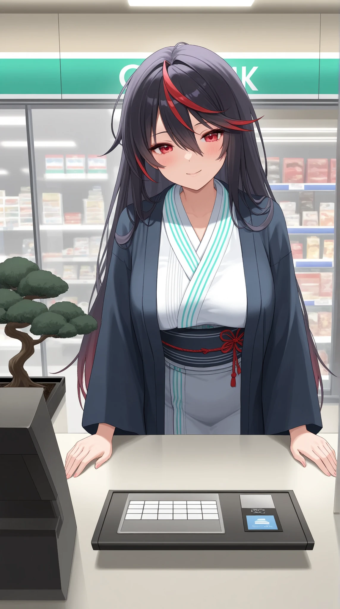 midnight convenience store。Female clerk in kimono。Inside of the Store with Nobody、is taking care of bonsai trees on the cash register