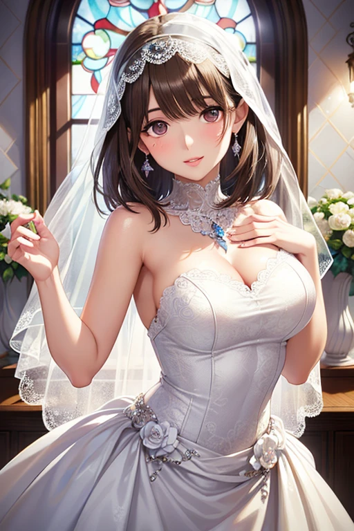 A woman in a dress and stockings standing in front of a tree, wedding dress, off the shoulder, long wedding veil, necklace, jewelry, (skirt parted in front), thigh highs, (panties:0.9), big rounds breasts, dark brown hair, long bangs, long hair, ponytail, wavy hair, expressive hair, shiny hair, hair flower, ribbon, aqua eyes, glowing eyes, pupils sparkling, earrings, smile, glossy lips, blush, embarrassed, nervous smile, beautiful detailed face and eyes, perfect anatomy, standing, outside, jewelry, high detail, anime, anime style, cinematic lighting, dithering, image fill, multiple views, from the front, from above, from below, from behind, from side, wallpaper, game cg, perspective, Wide-Angle, f/1.8, 85mm, Sony FE GM, 8k, super detail, UHD, retina, masterpiece, accurate, anatomically correct, textured skin, high details, best quality, highres, 16k